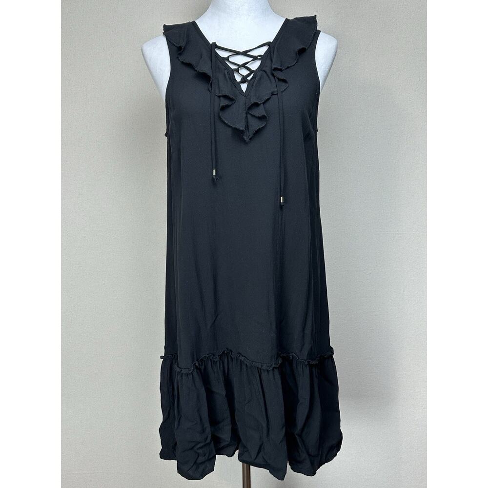 Kelly Renee Black Sleeveless Rayon Dress Ruffle size Medium Lace Up‎ Whimsy Goth